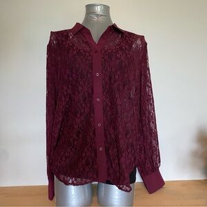 NWT GAP sheer lace shirt, burgundy, M